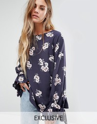 Свободный oversize‑топ с манжетами на завязках и цветочным принтом Reclaimed Vintage - Серый