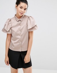 Рубашка цвета металлик с короткими рукавами-оборками Sister Jane - Бежевый