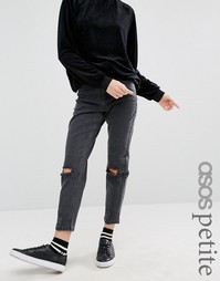 ASOS PETITE Farleigh Slim Mom Jeans In LuLu Washed Black With Busted Knees - Черный