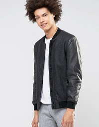 Шерстяная куртка-пилот с кожаными рукавами Selected Homme Premium - Серый