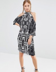 Платье до колен с пальмовым принтом и вырезами на плечах Liquorish - Черный