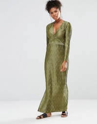 Платье макси с глубоким V-образным вырезом и длинными рукавами Liquorish - Зеленый