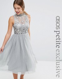 Сетчатое платье для выпускного с декорированным лифом ASOS PETITE - Серый