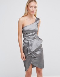 Платье-футляр на одно плечо с оборкой City Goddess - Серебряный