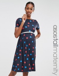 Короткое приталенное платье с поясом в размытый горошек ASOS Maternity TALL - Мульти