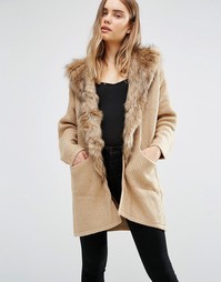 Удлиненный кардиган с отделкой из искусственного меха QED London - Коричневый