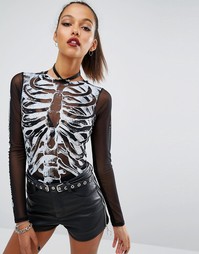 Сетчатое боди со скелетом Missguided Halloween - Черный