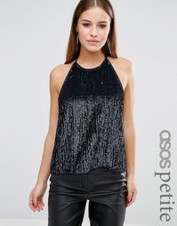 Топ с пайетками, высокой горловиной и кружевом сзади ASOS PETITE - Темно-синий