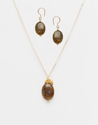 Позолоченные серьги-подвески с лабрадоритом и ожерелье в комплекте Mirabelle - Золотой
