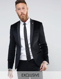 Супероблегающий бархатный блейзер с контрастным воротом Noose & Monkey - Черный