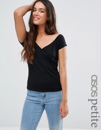 Топ с запахом и короткими рукавами ASOS PETITE - Черный