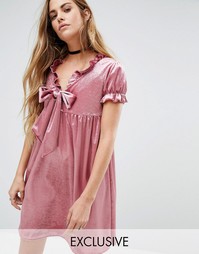 Свободное бархатное платье с бантом Reclaimed Vintage - Розовый