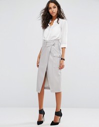 Юбка-карандаш в кожаном стиле с поясом и карманами ASOS - Черный