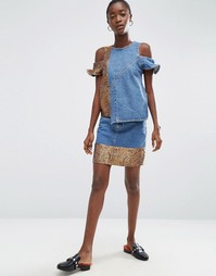Джинсовая мини-юбка с жаккардовым подолом ASOS - Синий