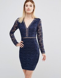AX Paris Plunge Front Mini Dress With Lace Sleeves - Темно-синий