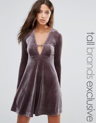 Glamorous Tall Long Sleeve Pleated Velvet Skater Dress With Plunge Neck Detail - Серый