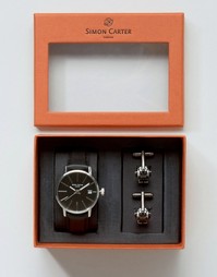 Подарочный набор с часами с кожаным ремешком и запонками Simon Carter - Черный