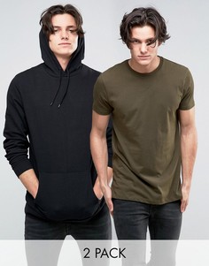 ASOS Longline Hoodie/Longline T-Shirt 2 Pack Black/Khaki SAVE 15 - Мульти