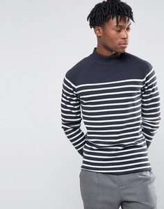Темно-синий вязаный джемпер в полоску с высокой горловиной Selected Homme - Темно-синий