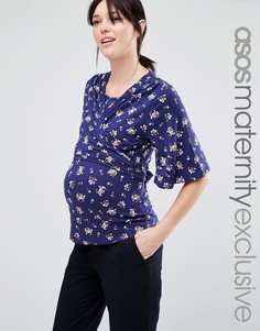 Темно-синий топ с запахом для беременных с цветочным принтом ASOS Maternity NURSING - Мульти