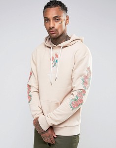 Hype Hoodie With Embroidered Floral Sleeves - Бежевый