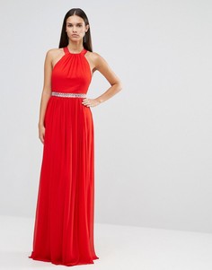 Шифоновое платье-макси с лямкой через шею и отделкой стразами City Goddess - Красный