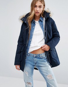 Парка с подкладкой и опушкой из искусственного меха Hollister - Темно-синий