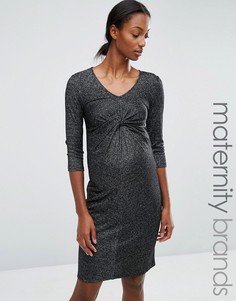 Блестящее трикотажное платье с узлом спереди Mamalicious - Черный Mama.Licious