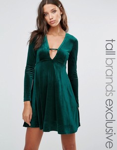 Glamorous Tall Long Sleeve Crinkled Velvet Skater Dress With Plunge Neck Detail - Зеленый