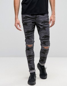Супероблегающие камуфляжные джинсы с рваными коленями ASOS - Черный