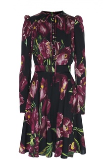 Шелковое платье с рукавом-фонарик и поясом Dolce & Gabbana