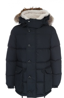 Удлиненный пуховик с меховой отделкой капюшона Burberry Brit