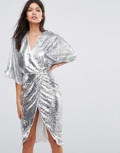 Club L Kimono Sleeve Midi Dress In All Over Sequin - Серебряный