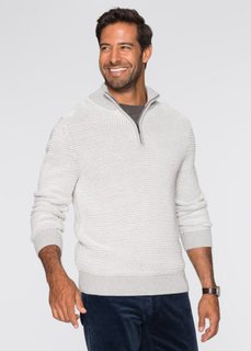 Пуловер Regular Fit с высоким воротом на молнии (светло-серый/натуральный) Bonprix