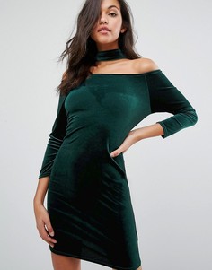 Miss Selfridge Choker Velvet Bardot Dress - Зеленый