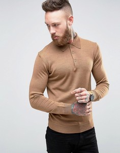 Бежевая трикотажная футболка-поло слим из мериносовой шерсти Farah - Рыжий