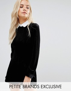 Fashion Union Petite Velvet Playsuit With Contrast Collar And Tie Detail - Черный