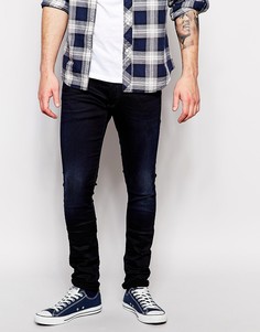 Темные выбеленные эластичные суперузкие джинсы G Star 3301 - Синий