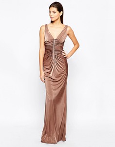 City Goddess Slinky Maxi Dress with Diamante Trim and Ruching Detail - Бежевый