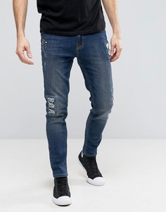 Рваные зауженные джинсы с заплатами и принтом в виде брызг краски Hoxton Denim - Синий