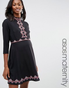 Короткое приталенное платье с вышивкой в стиле фолк ASOS Maternity - Черный