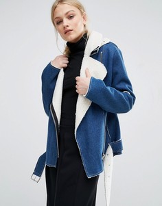 Джинсовая байкерская куртка с подкладкой из искусственной овечьей шерсти J.O.A - Синий