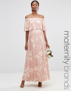 Платье макси с открытыми плечами, принтом и оборкой ASOS Maternity WEDDING - Мульти