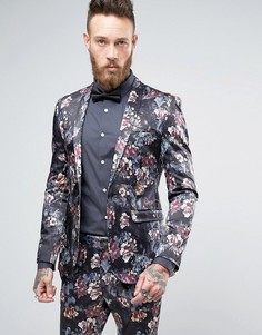 Темный пиджак суперузкого кроя с цветочным принтом ASOS - Фиолетовый