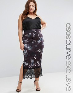 ASOS CURVE Midi Skirt In Dark Floral With Lace Hem - Мульти