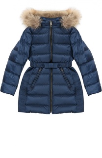 Стеганый пуховик с поясом и меховой отделкой капюшона Burberry