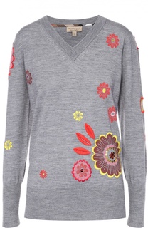 Пуловер с контрастной цветочной вышивкой и V-образным вырезом Burberry Brit