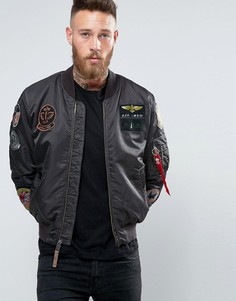 Черная куртка-пилот слим в стиле MA-1 с нашивками Alpha Industries - Черный