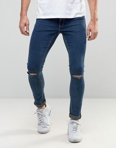Темные супероблегающие джинсы с рваными коленями ASOS - Синий