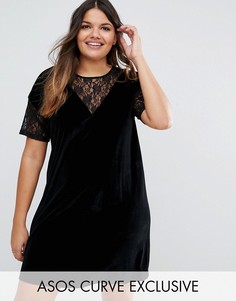 Бархатное цельнокройное платье с кружевной отделкой ASOS CURVE - Черный
